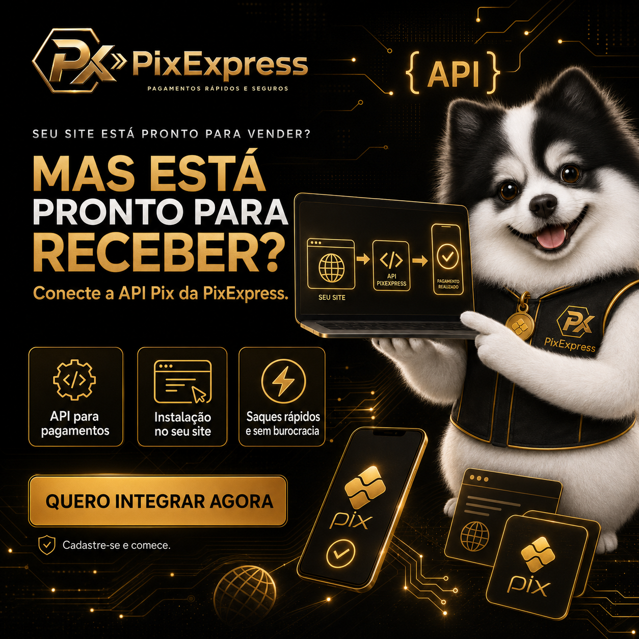 Mascote PixExpress apresentando a API PIX