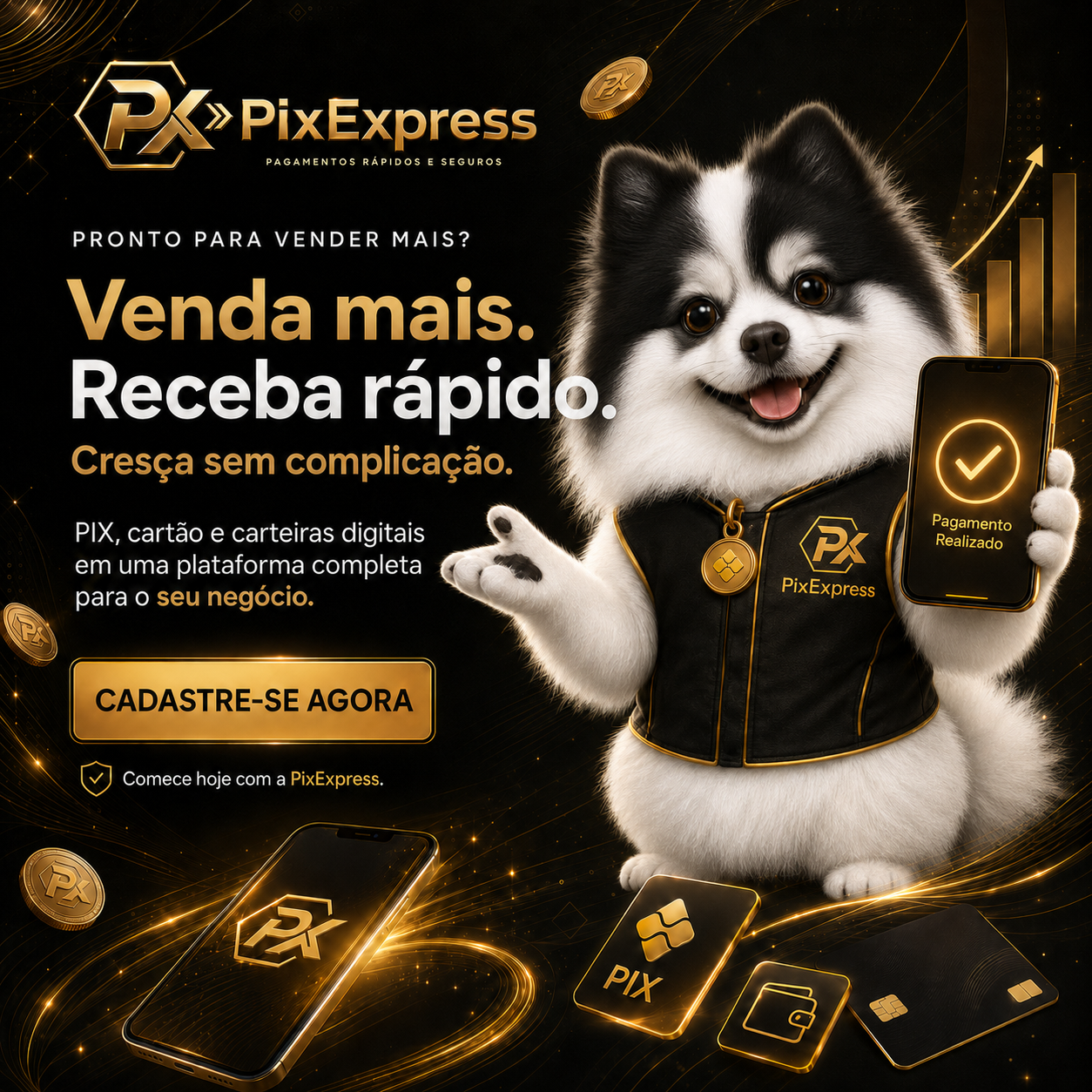 Mascote PixExpress apresentando a plataforma de pagamentos